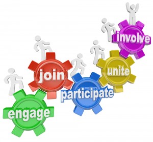 Cogs with the words engage, join, participate, unite, involve,