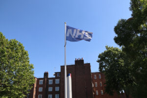 London, UK 01/06/2020: NHS Homerton Hospital Flag Signes Inside Hospital Directions Thank You NHS Poll Flag Medical Clinic Pandemic Codid19 Coronavirus Information